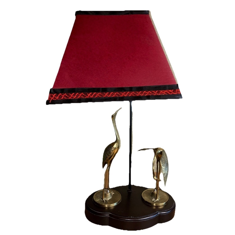 Leviton Lamp Cranes Brass Wood Red Egret Heron 24" MCM Vintage *shade flaw